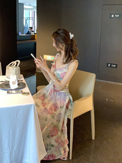 Sweetmoon Flower Blossom Pinellia/French Irregular Design Waist Stunning Suspender Dress for Women