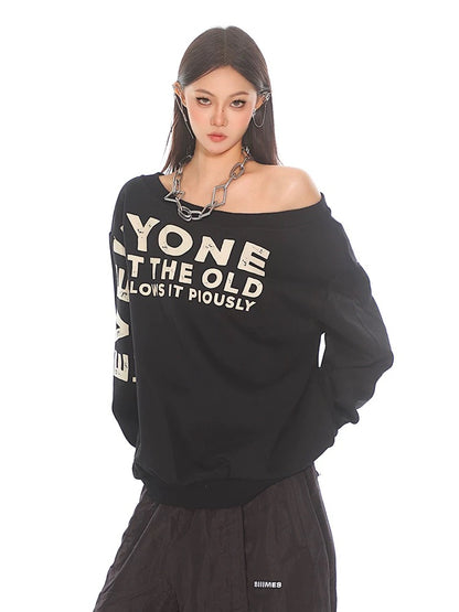 CCUP SPACE American retro letter printed off-shoulder sweatshirt for women autumn new design loose sweatshirt