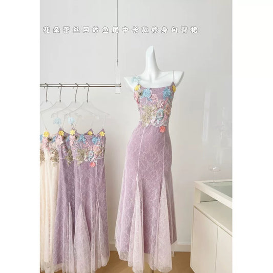 Miyou homemade fish girl flower lace mesh fishtail dress medium long slim hip suspender skirt