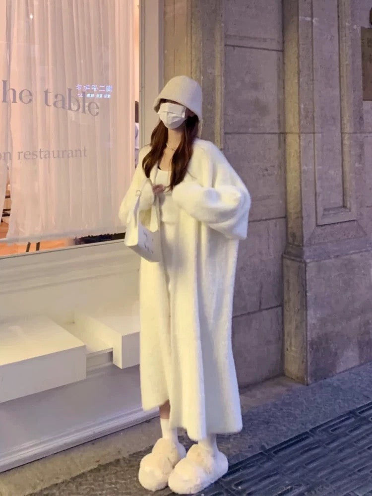 White mink velvet cardigan sweater mid-length loose lazy style knitted jacket women's autumn and winter bathrobe outer coat