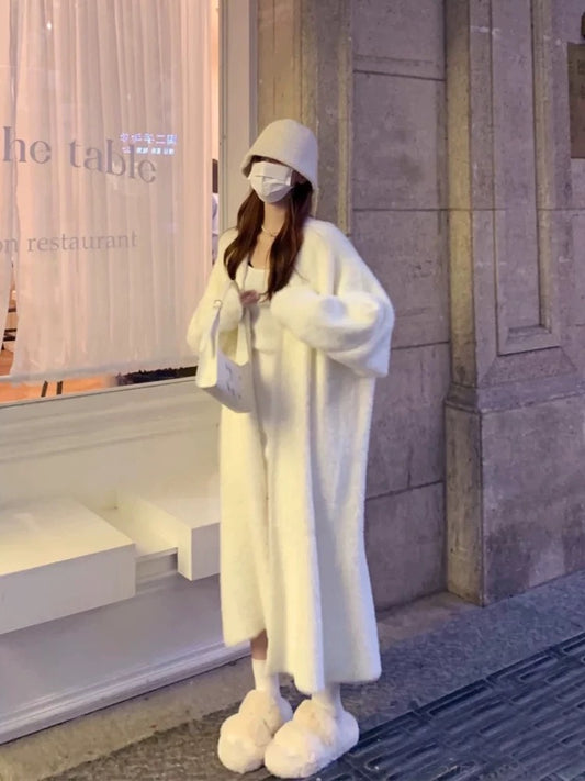 White mink velvet cardigan sweater mid-length loose lazy style knitted jacket women's autumn and winter bathrobe outer coat
