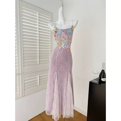 Miyou homemade fish girl flower lace mesh fishtail dress medium long slim hip suspender skirt