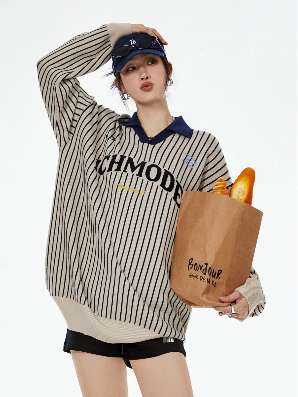 ICH MODE American retro polo striped sweater autumn and winter women's loose lazy style sweater jacket new style