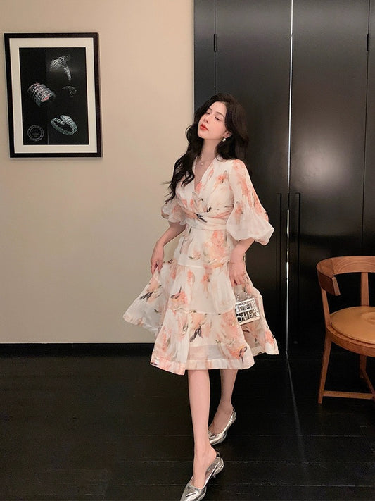 French V-neck sweet and gentle floral high-waist temperament slim coral pink three-quarter sleeve printed dress 2024 summer