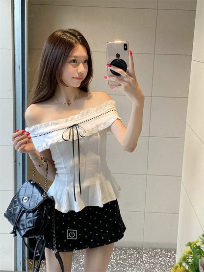 Kumikumi French design white one-shoulder short-sleeved T-shirt women's summer polka dot skirt two-piece suit