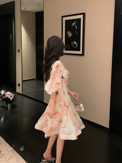 French V-neck sweet and gentle floral high-waist temperament slim coral pink three-quarter sleeve printed dress 2024 summer