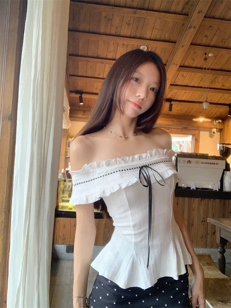 Kumikumi French design white one-shoulder short-sleeved T-shirt women's summer polka dot skirt two-piece suit