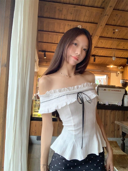 Kumikumi French design white one-shoulder short-sleeved T-shirt women's summer polka dot skirt two-piece suit