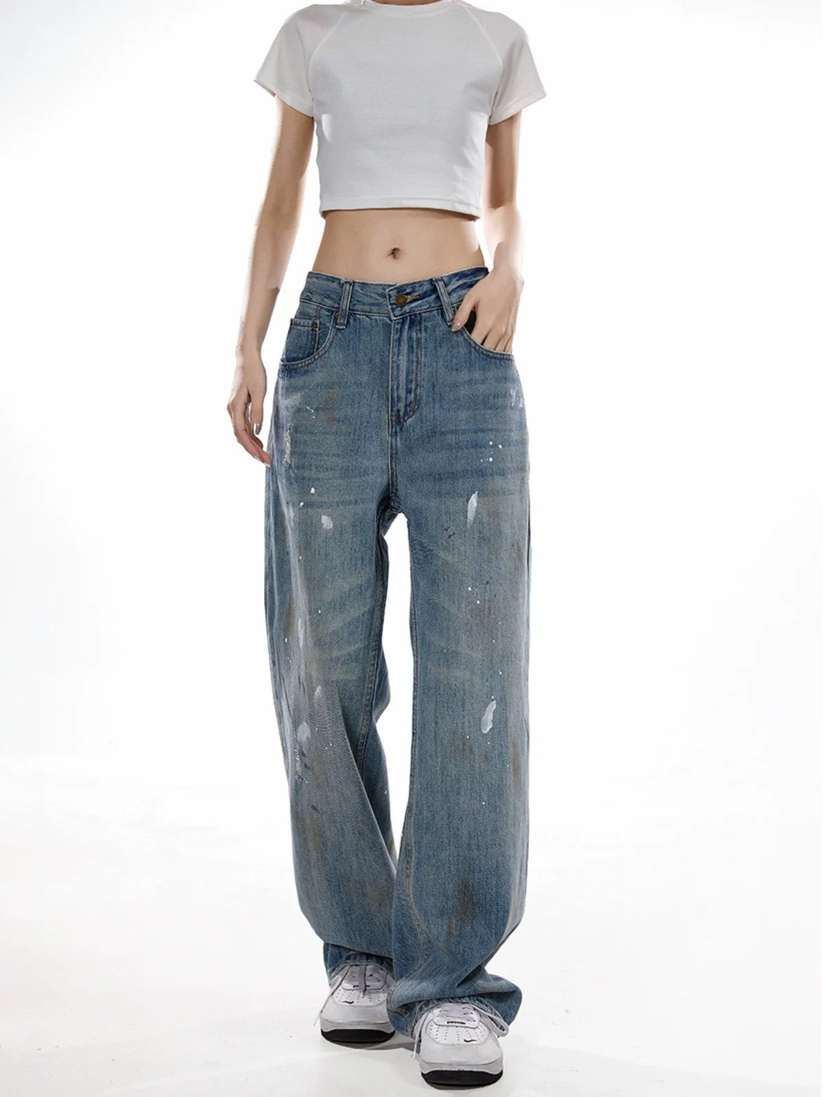 ICH MODE American retro washed distressed jeans women's trendy brand loose wide-leg straight casual pants