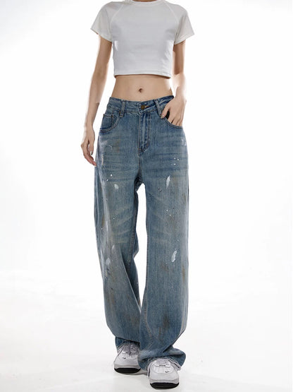 ICH MODE American retro washed distressed jeans women's trendy brand loose wide-leg straight casual pants