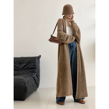 White mink velvet cardigan sweater mid-length loose lazy style knitted jacket women's autumn and winter bathrobe outer coat