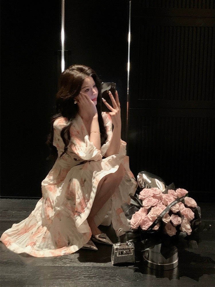 French V-neck sweet and gentle floral high-waist temperament slim coral pink three-quarter sleeve printed dress 2024 summer