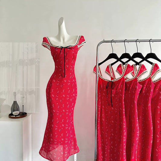 Miyou Summer Cherry Red Dress Women's New Retro Temperament Hip Fishtail Skirt French Floral Skirt