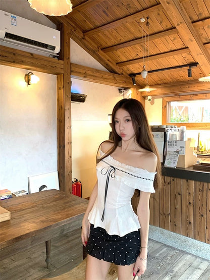 Kumikumi French design white one-shoulder short-sleeved T-shirt women's summer polka dot skirt two-piece suit