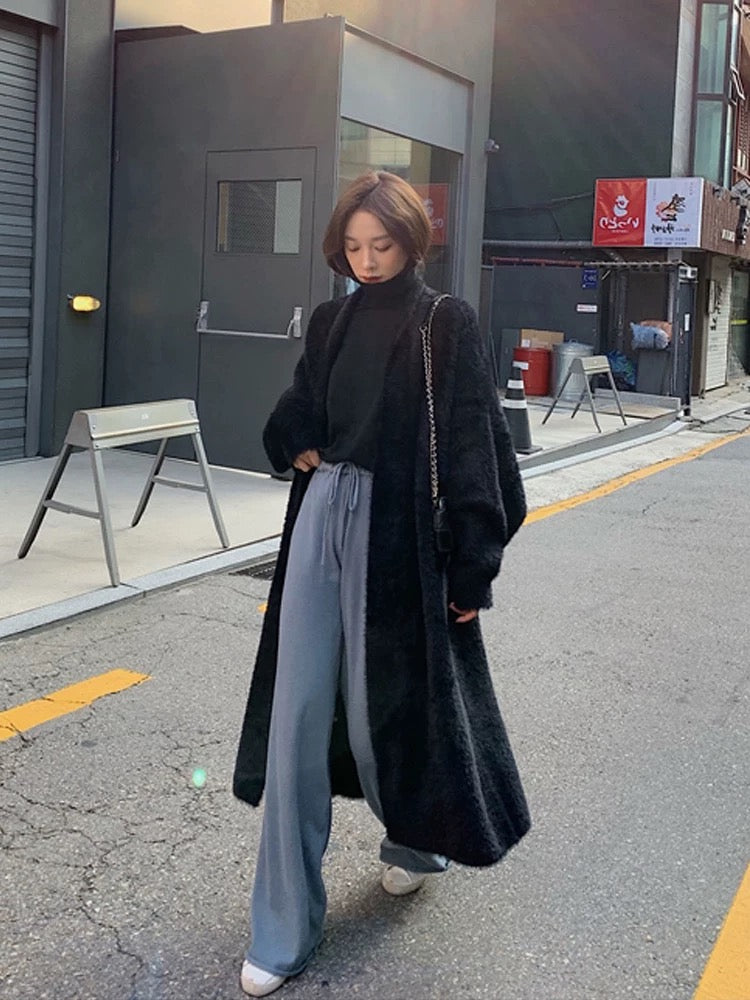 White mink velvet cardigan sweater mid-length loose lazy style knitted jacket women's autumn and winter bathrobe outer coat