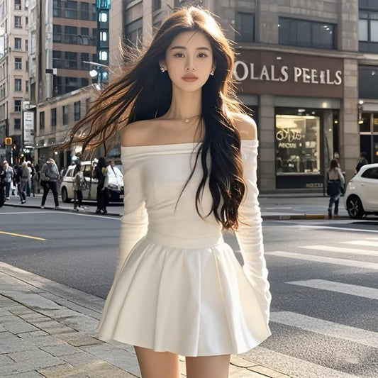 Coco KEKE one-shoulder white waisted temperament puffy dress 2024 autumn new style