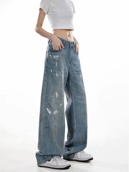 ICH MODE American retro washed distressed jeans women's trendy brand loose wide-leg straight casual pants
