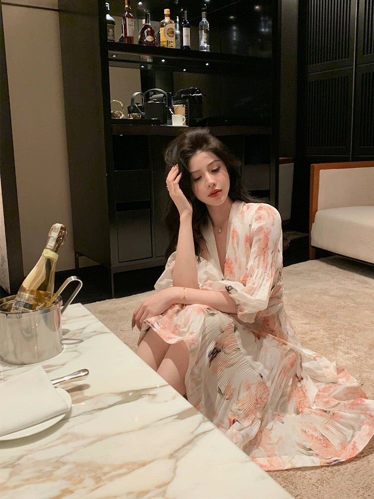 French V-neck sweet and gentle floral high-waist temperament slim coral pink three-quarter sleeve printed dress 2024 summer