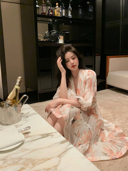 French V-neck sweet and gentle floral high-waist temperament slim coral pink three-quarter sleeve printed dress 2024 summer