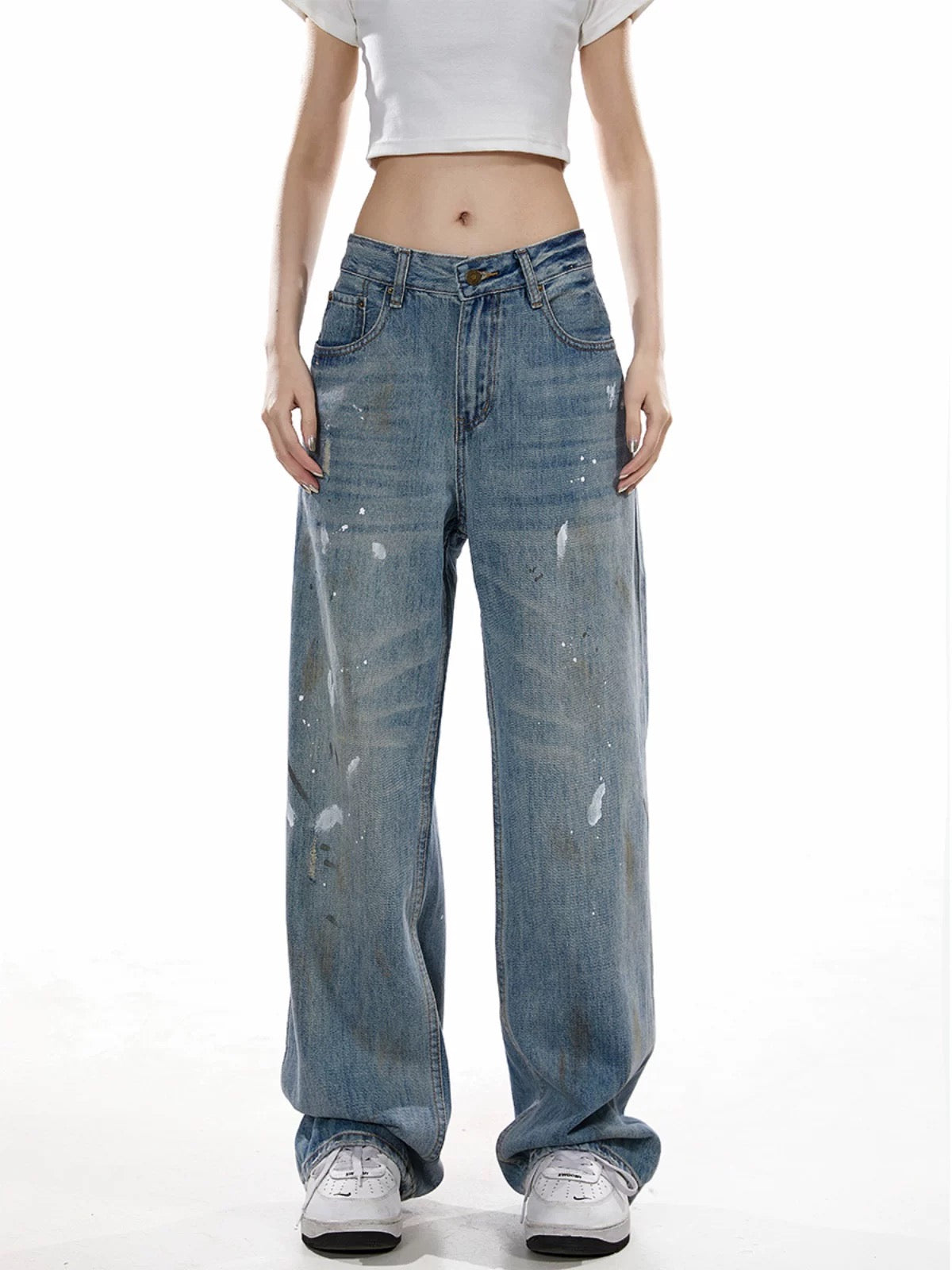 ICH MODE American retro washed distressed jeans women's trendy brand loose wide-leg straight casual pants