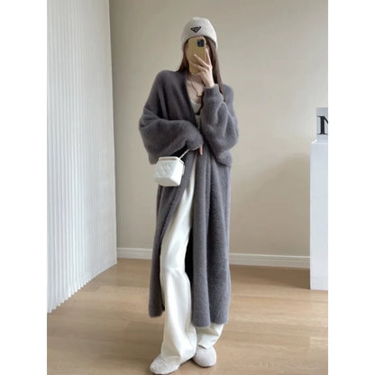 White mink velvet cardigan sweater mid-length loose lazy style knitted jacket women's autumn and winter bathrobe outer coat