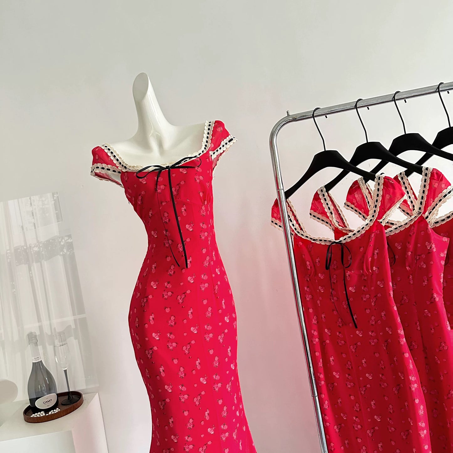 Miyou Summer Cherry Red Dress Women's New Retro Temperament Hip Fishtail Skirt French Floral Skirt