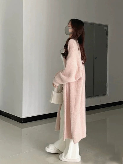 White mink velvet cardigan sweater mid-length loose lazy style knitted jacket women's autumn and winter bathrobe outer coat