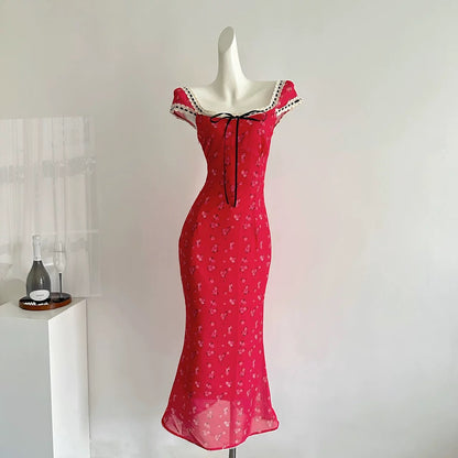 Miyou Summer Cherry Red Dress Women's New Retro Temperament Hip Fishtail Skirt French Floral Skirt