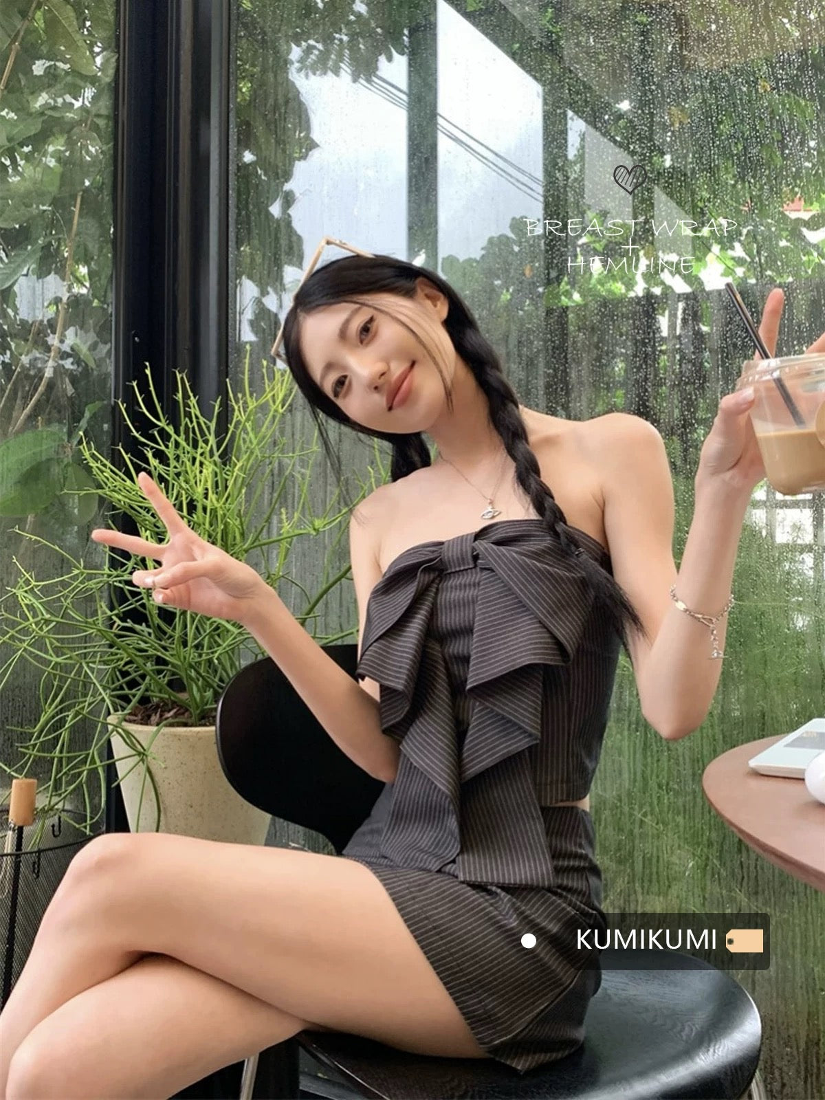 Kumikumi Temperament Suit Striped Bowknot Tube Top Women's Summer High Waist Skirt Short Skirt Two-piece Suit