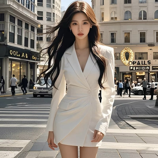 Coco KEKE 2024 autumn temperament waist V-neck white suit dress