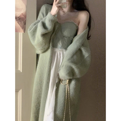 White mink velvet cardigan sweater mid-length loose lazy style knitted jacket women's autumn and winter bathrobe outer coat