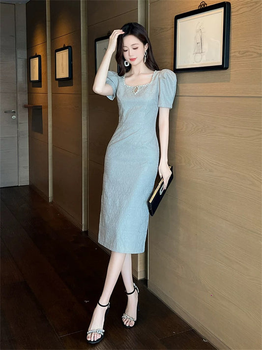 2024 summer women's high-end goddess-style design diamond-studded hollow square neck puff-sleeved slim-fitting lady dress