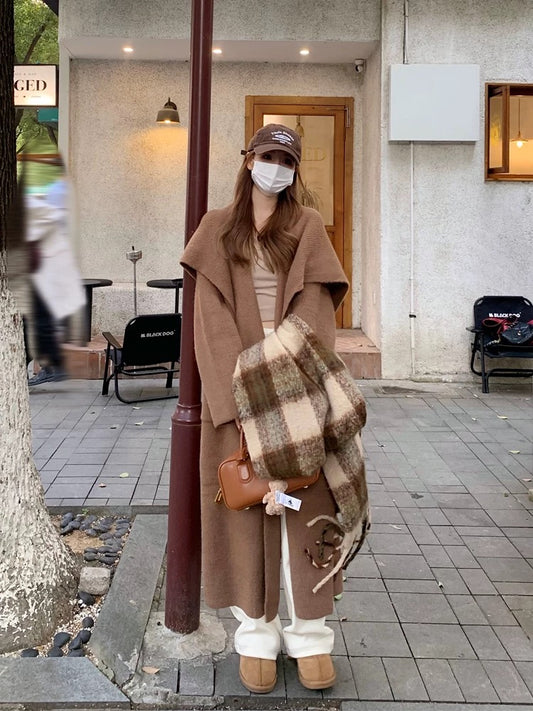 Maillard large lapel sweater coat women's long loose lazy mink knitted cardigan autumn and winter bathrobe coat thick