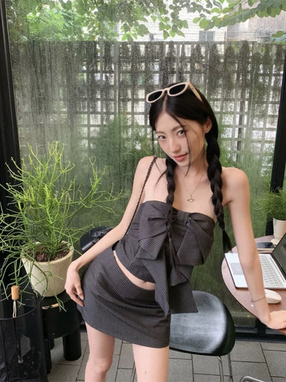 Kumikumi Temperament Suit Striped Bowknot Tube Top Women's Summer High Waist Skirt Short Skirt Two-piece Suit