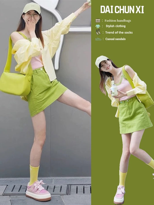 Summer clothes are matched with a complete set of summer dopamine tea style age-reducing wear for small people, salt style three-piece suit for women, summer style