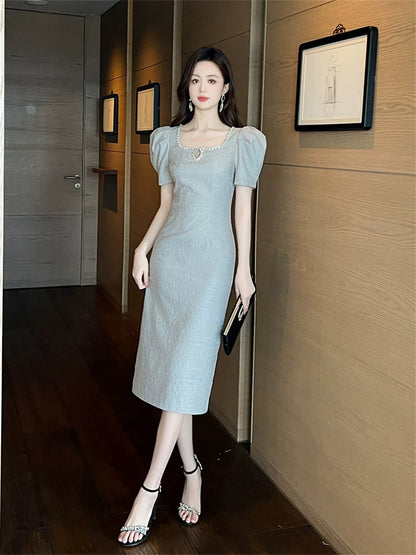2024 summer women's high-end goddess-style design diamond-studded hollow square neck puff-sleeved slim-fitting lady dress