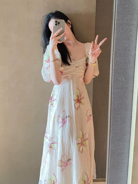 2024 Summer New Style French Puff Sleeve Sweet Retro Large Flower Embroidery Dress Princess Style Fairy Dress