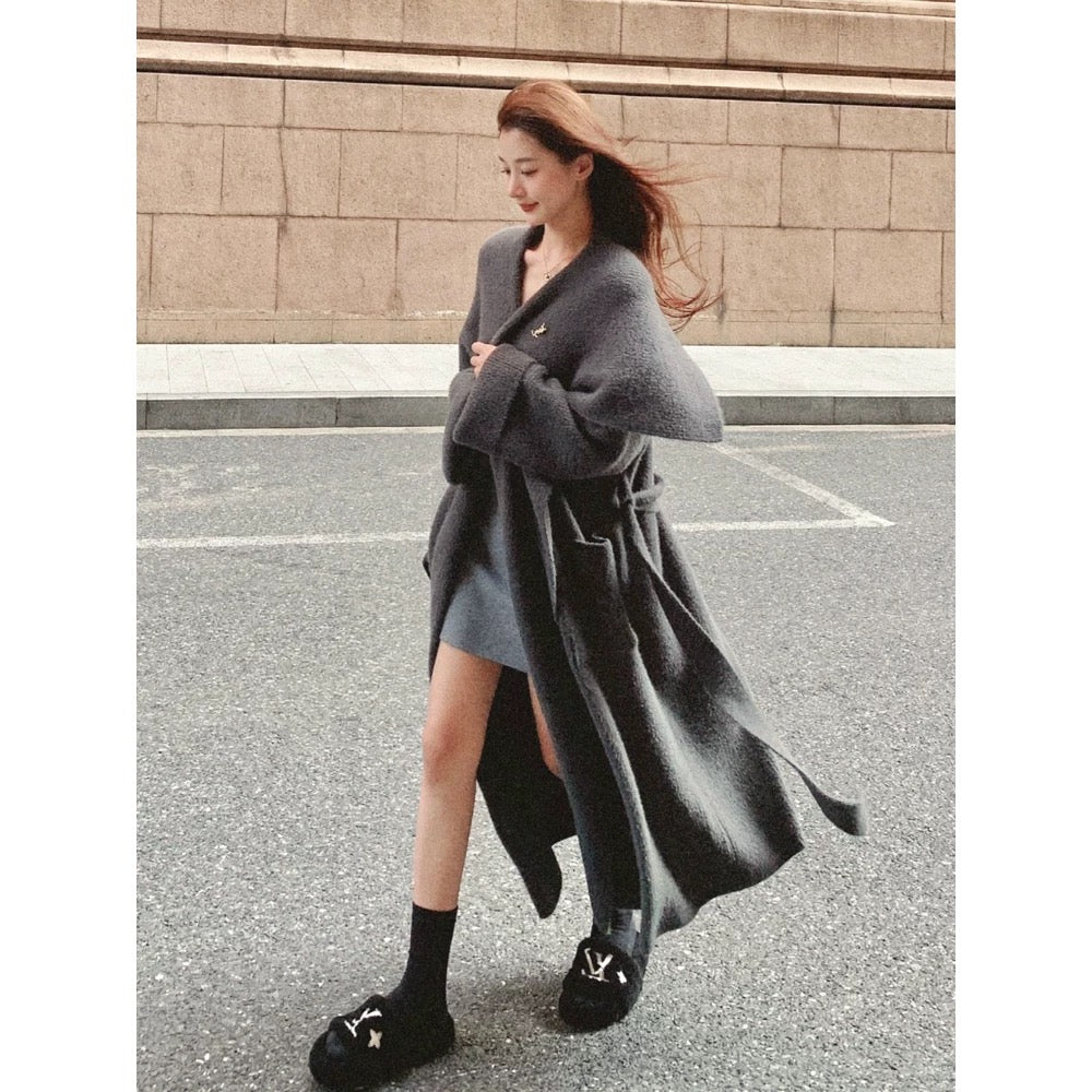 Maillard large lapel sweater coat women's long loose lazy mink knitted cardigan autumn and winter bathrobe coat thick