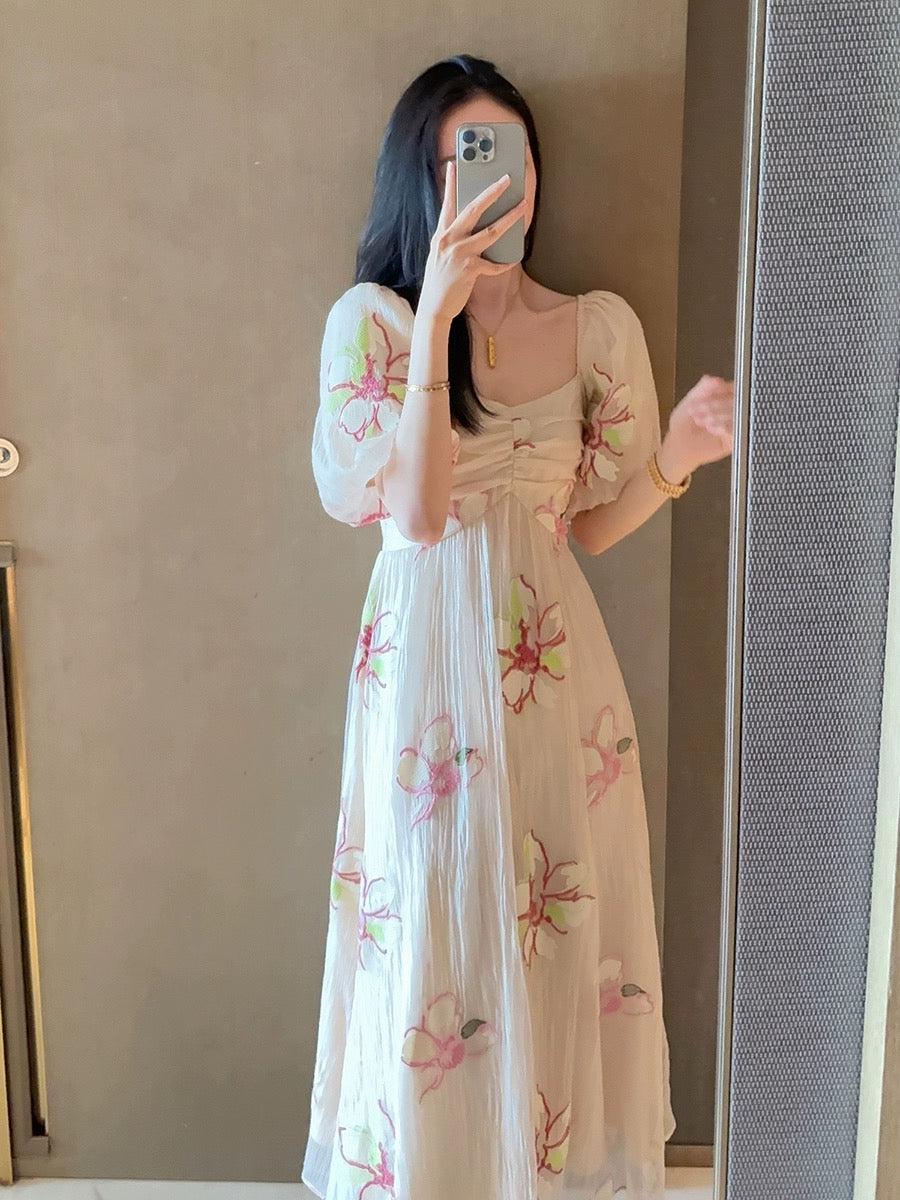 2024 Summer New Style French Puff Sleeve Sweet Retro Large Flower Embroidery Dress Princess Style Fairy Dress