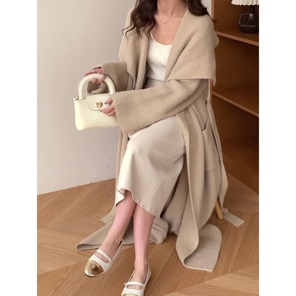Maillard large lapel sweater coat women's long loose lazy mink knitted cardigan autumn and winter bathrobe coat thick