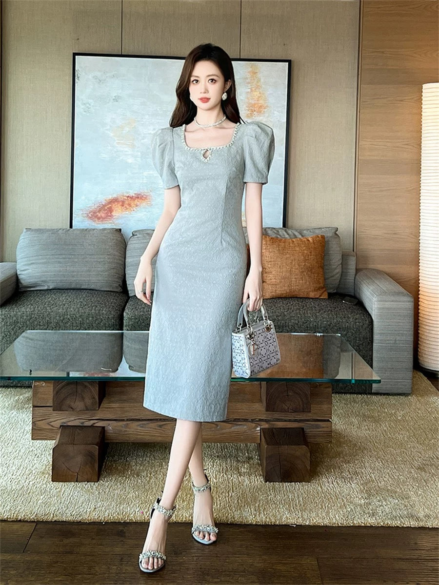 2024 summer women's high-end goddess-style design diamond-studded hollow square neck puff-sleeved slim-fitting lady dress