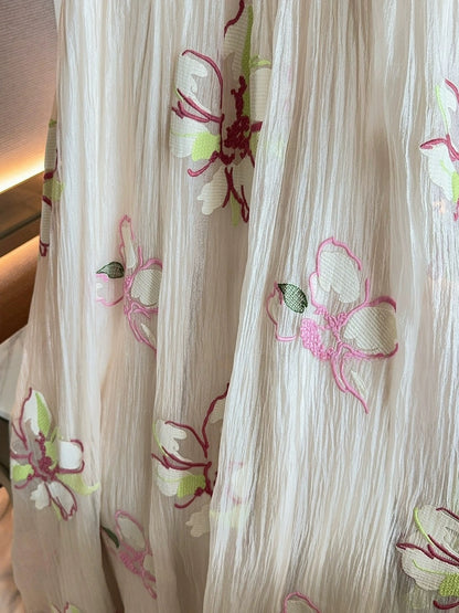 2024 Summer New Style French Puff Sleeve Sweet Retro Large Flower Embroidery Dress Princess Style Fairy Dress