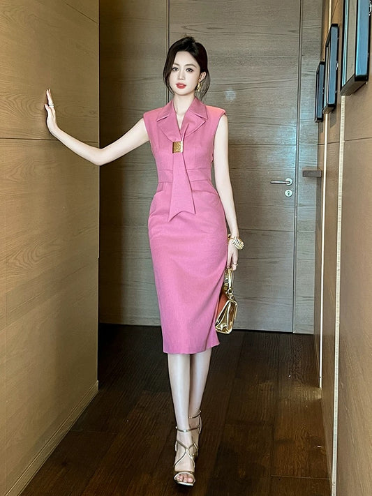 Pink suit dress 2024 new women's summer simple commuting temperament slim texture high-end waist skirt