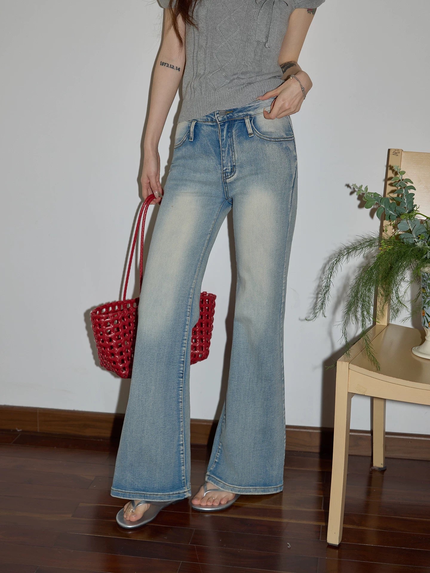 Chaochao Home High-Waisted Slightly Flared Blue Jeans for Women, Summer 2026, Slim Fit Straight Leg Wide Leg Casual Pants