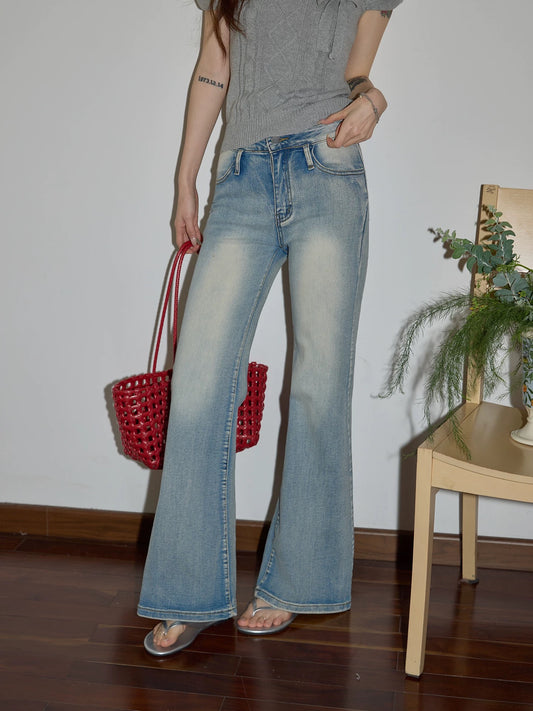 Chaochao Home High-Waisted Slightly Flared Blue Jeans for Women, Summer 2026, Slim Fit Straight Leg Wide Leg Casual Pants