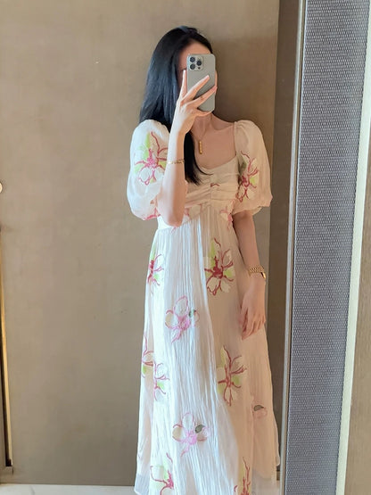 2024 Summer New Style French Puff Sleeve Sweet Retro Large Flower Embroidery Dress Princess Style Fairy Dress