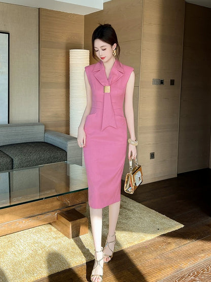 Pink suit dress 2024 new women's summer simple commuting temperament slim texture high-end waist skirt