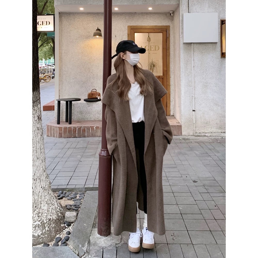 Maillard large lapel sweater coat women's long loose lazy mink knitted cardigan autumn and winter bathrobe coat thick