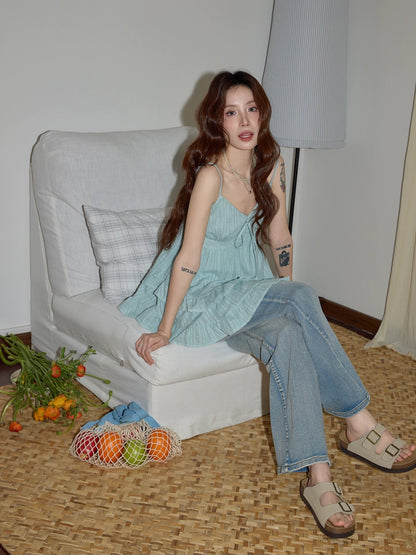 Chaochao Home High-Waisted Slightly Flared Blue Jeans for Women, Summer 2026, Slim Fit Straight Leg Wide Leg Casual Pants