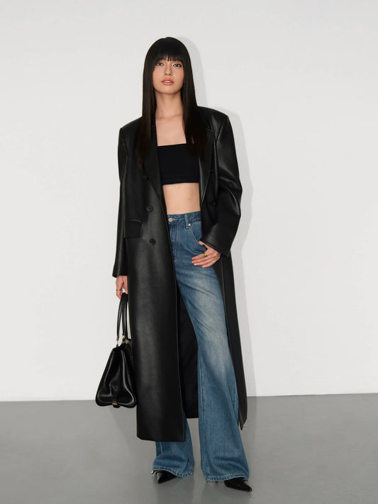NEVA HU suit leather jacket women's long design niche PU leather high-end loose casual coat